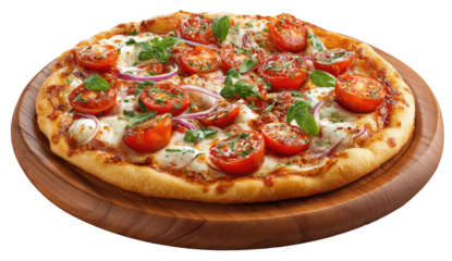 A pizza topped with cherry tomatoes, red onion, and fresh basil, resting on a wooden platter