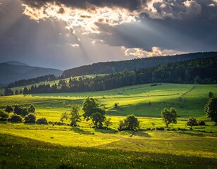 Obraz premium Sunlight streams through dramatic clouds over a lush valley