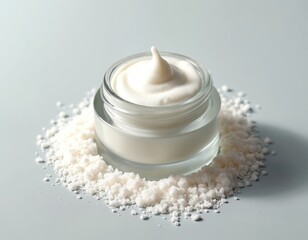 Glass jar filled with white skincare cream featuring urea granules. Minimalist aesthetic emphasizes purity, smooth hydration for body care. Gentle, natural, organic formula promotes soft, glowing,