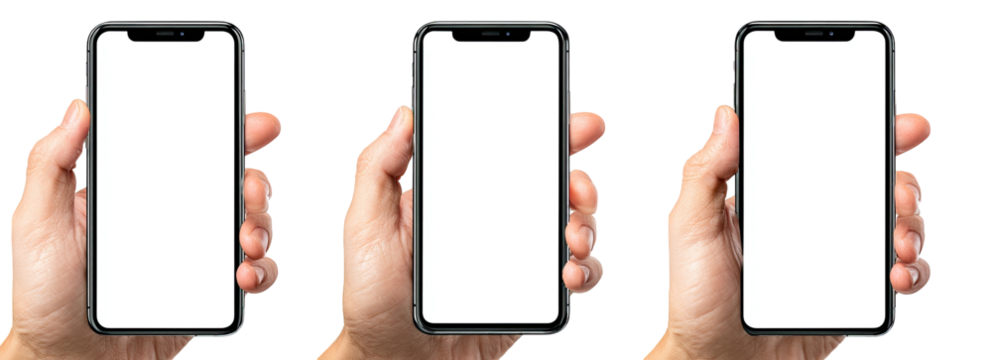 Three hands holding blank-screen smartphones