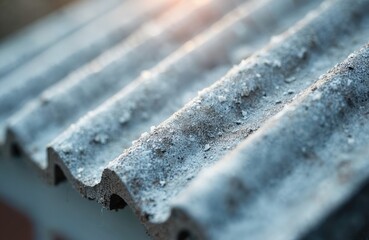 Close-up of asbestos roofing, corrugated eternit. Carcinogenic eternit texture. Danger of dust littering. Environmental, ecological issues. Asbestos cement slabs. Weathered, old roofing. Risk of