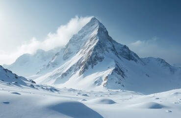 Obraz premium Majestic snow covered mountain peak under clear blue sky. Winter landscape features rugged terrain with blowing snow, drifts. High altitude, cold weather scene with pristine white, blue tones creates