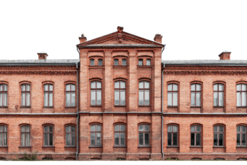 Long, red brick building facade.  Many windows,  classical architecture