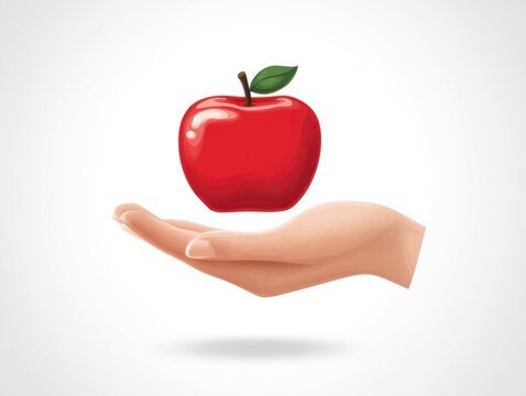 A red apple hovering above a lightskinned hand against a bright white background with a subtle shadow