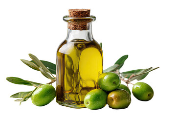 Clear glass bottle of olive oil, cork stopper, fresh green olives and olive branches