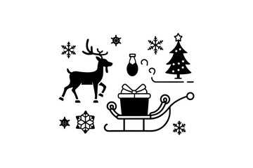 christmas scene with reindeer sleigh gifts tree stars silhouette