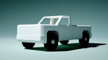 3D illustration of stylized minimalist pickup truck with simplified cabin and cargo bed in grey ambient background 