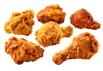 Crispy fried chicken pieces, various cuts