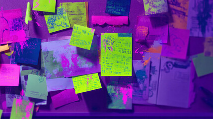 Creative chaos abstract with vibrant sticky notes, ideas,  planning. Perfect for brainstorming, project management, tech, or artistic concepts.