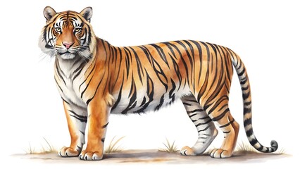Obraz premium Full body illustration of a standing tiger, showcasing its orange and black stripes, muscular build, and powerful stance isolated on white background