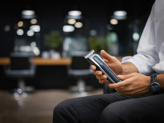 Male barber holding a professional hair clipper in a modern salon, showcasing grooming tools and stylish interior design, emphasizing the art of hairstyling and personal care