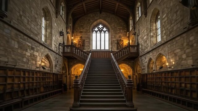 Majestic ancient hall with grand staircase and intricate stonework evokes historical grandeur and timeless elegance