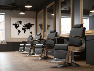 Modern barbershop interior featuring sleek black styling chairs, large mirrors, and a world map on the wall, creating a stylish and inviting grooming atmosphere