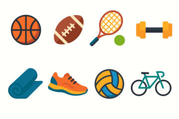 Sports and fitness flat icons set – exercise, recreation, and gym symbols