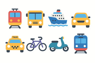 Transport and travel icons set – flat, vacation, urban transportation symbols