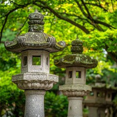 Obraz premium Stone lanterns in a garden setting