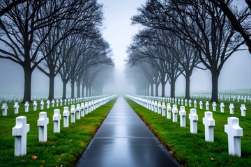 White crosses and trees fading into fog at arlington national cemetery