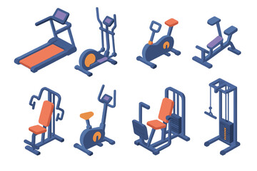 Fitness and gym equipment icons set – isometric, silhouette, exercise and workout tools
