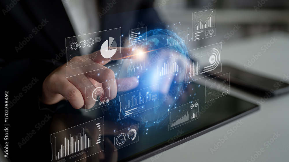 Poster real-time global data analytics dashboard visualizing insights from interconnected systems for decis