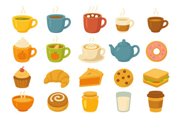 Warm beverage and food silhouette icons set &ndash; flat, filled, cozy culinary symbols