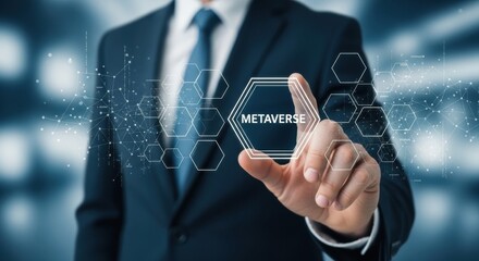 Businessman interacts with metaverse interface in virtual reality environment