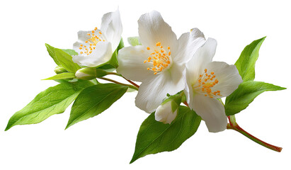Obraz premium Close-up of three white jasmine blossoms on a branch with green leaves. Bright, fresh, and delicate