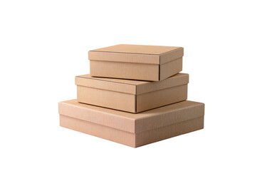 Three stacked, light beige cardboard boxes