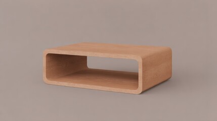 3D render of wooden shelf with smooth blocky rectangular form and matte finish on beige background