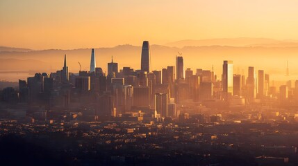 Stunning sunset view of San Francisco skyline showcasing skyscrapers and Golden Gate Bridge in the background