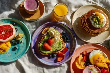 Colorful breakfast spread featuring pancakes, toast, and fresh fruit with drinks in a sunny setting
