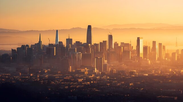 Stunning sunset view of San Francisco skyline showcasing skyscrapers and Golden Gate Bridge in the background - Powered by Adobe