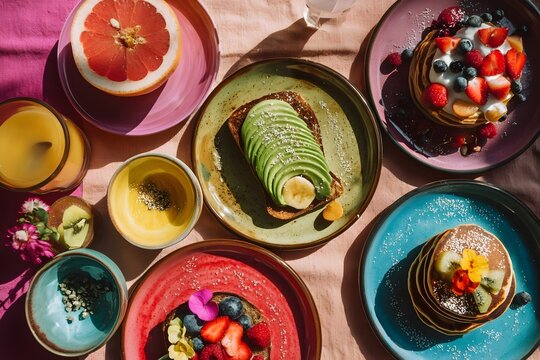 Delicious brunch spread featuring colorful pancakes, toast, and fresh fruit on a vibrant table setting