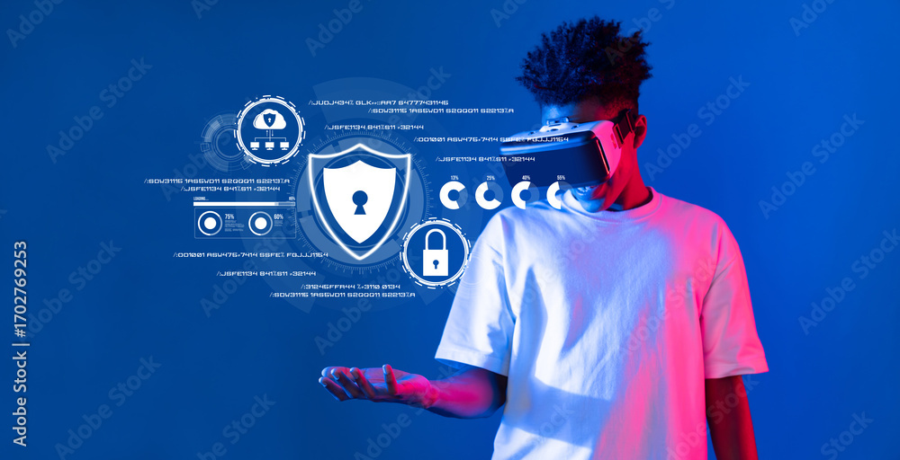Poster a young individual explores virtual reality technology focused on enhancing cybersecurity and unders