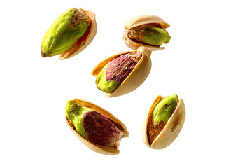 Close-up of pistachios in shells, scattered