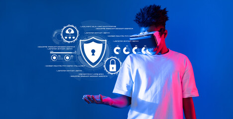 A young individual explores virtual reality technology focused on enhancing cybersecurity and...