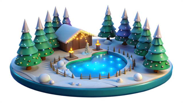 Charming miniature winter village scene with a cozy cabin glowing pond and snow covered pine trees isolated on transparent background