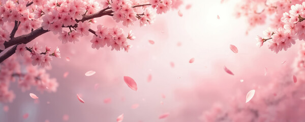 Soft pink anime style background featuring falling cherry blossom petals against blurred, dreamy sky. Delicate floral elements create romantic, serene atmosphere perfect for spring themes gentle