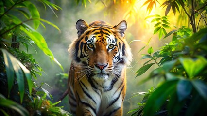 A majestic tiger emerges from the lush jungle, its orange and black stripes contrasting with the vibrant green foliage and sunlit background