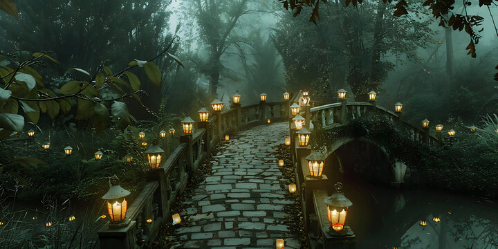 Enchanted stone bridge adorned with glowing lanterns on a misty forest path - Powered by Adobe