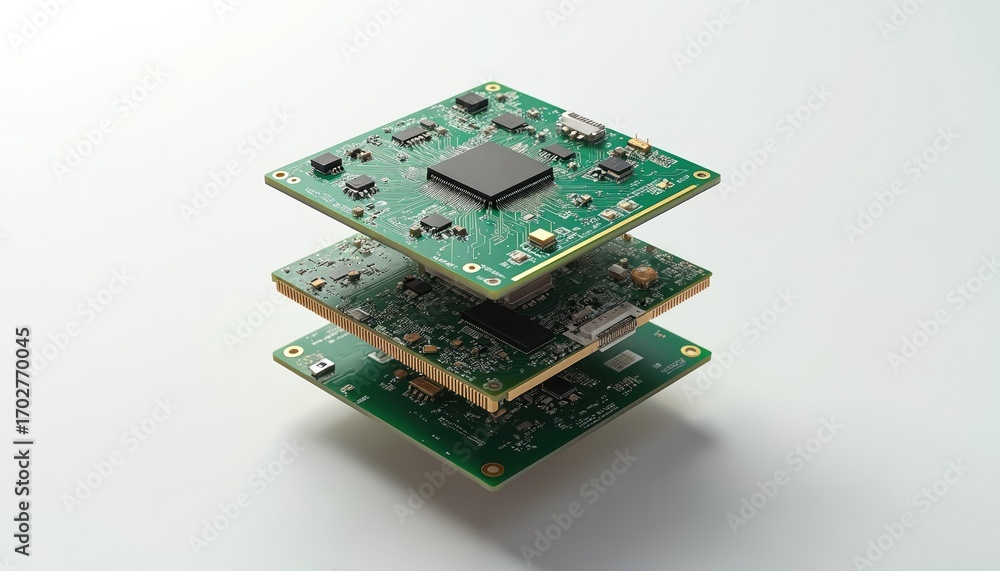 Poster exploded view integrated circuit board. electronic components with microchips, detailed layers assem