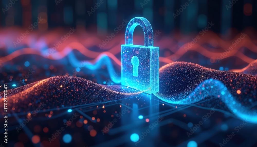 Fototapete glowing neon digital padlock secures cyberspace with abstract data waveforms. computer security conc