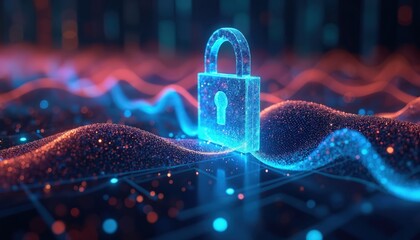 Glowing neon digital padlock secures cyberspace with abstract data waveforms. Computer security concept visualizes network protection, data flow barrier, and online safety.