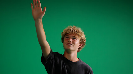 A young Caucasian man with curly blond hair wearing a black t-shirt, smiling and waving his hand against a solid green screen background.