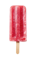 A vibrant red popsicle, rectangular in shape, with three distinct ridges running lengthwise.  The popsicle has a light-brown wooden stick.  Isolated on a black background