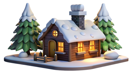 Charming wooden cabin nestled amongst snow covered pine trees with warm glowing windows isolated on transparent background