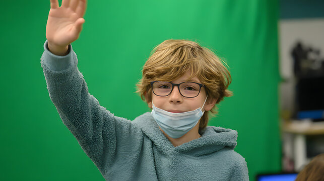 Young boy with glasses and a face mask raising his hand in front of a green screen, ready to answer a question.