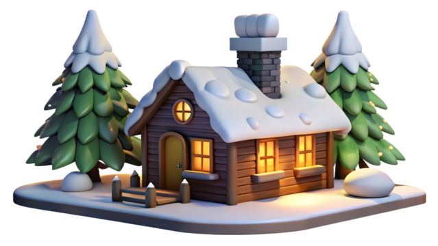 Charming wooden cabin nestled amongst snow covered pine trees with warm glowing windows isolated on transparent background