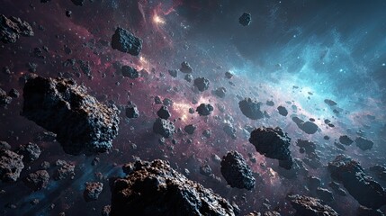 A digital rendering depicts a dense asteroid field within a nebula, showcasing various sizes of dark gray rocks against a backdrop of vibrant purple and teal cosmic gases and bright energy flares