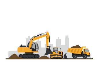 Construction Site with Excavator and Bulldozer.