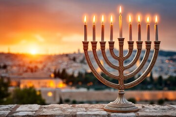 Fototapeta premium Menorah illuminating jerusalem at sunset during hanukkah celebration
